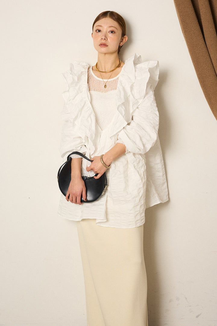 [SET]Vネックフリルカラーブラウス+ストレッチレースクルーネックインナー(2set)