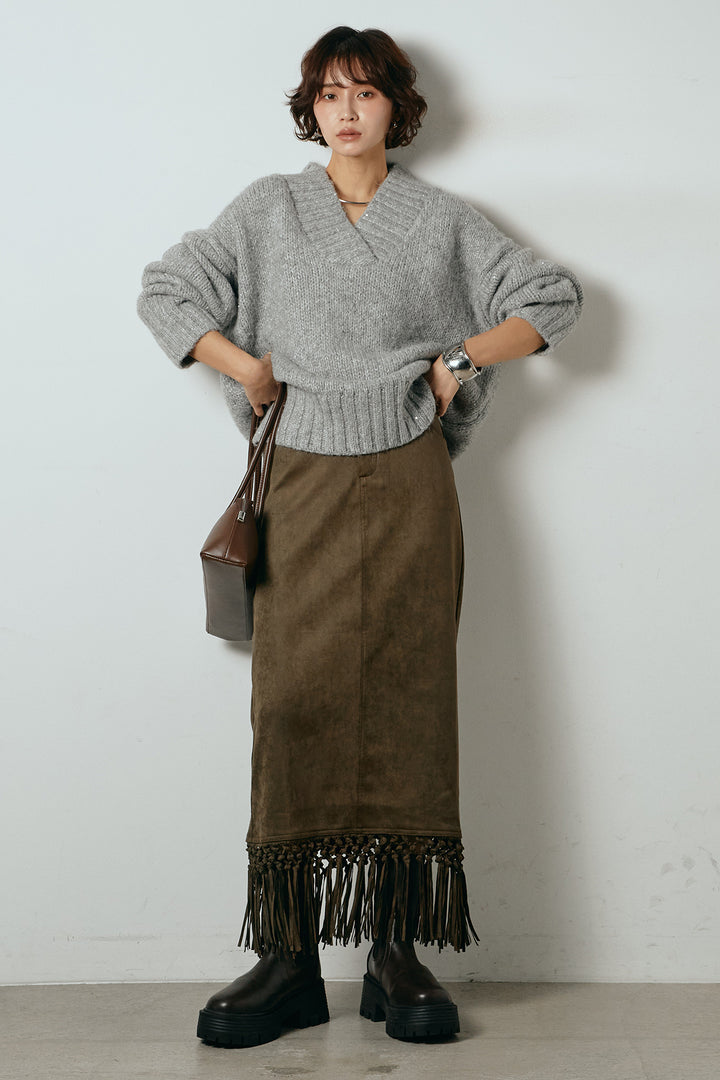 [SET]Vネックラメニットトップス+スウェードライク裾フリンジスカート(2set)