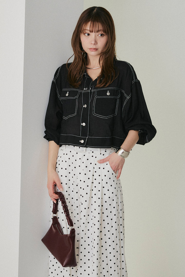 [SET]配色ステッチシアーシャツ+ベルト付きドット柄ワイドパンツ(2set)