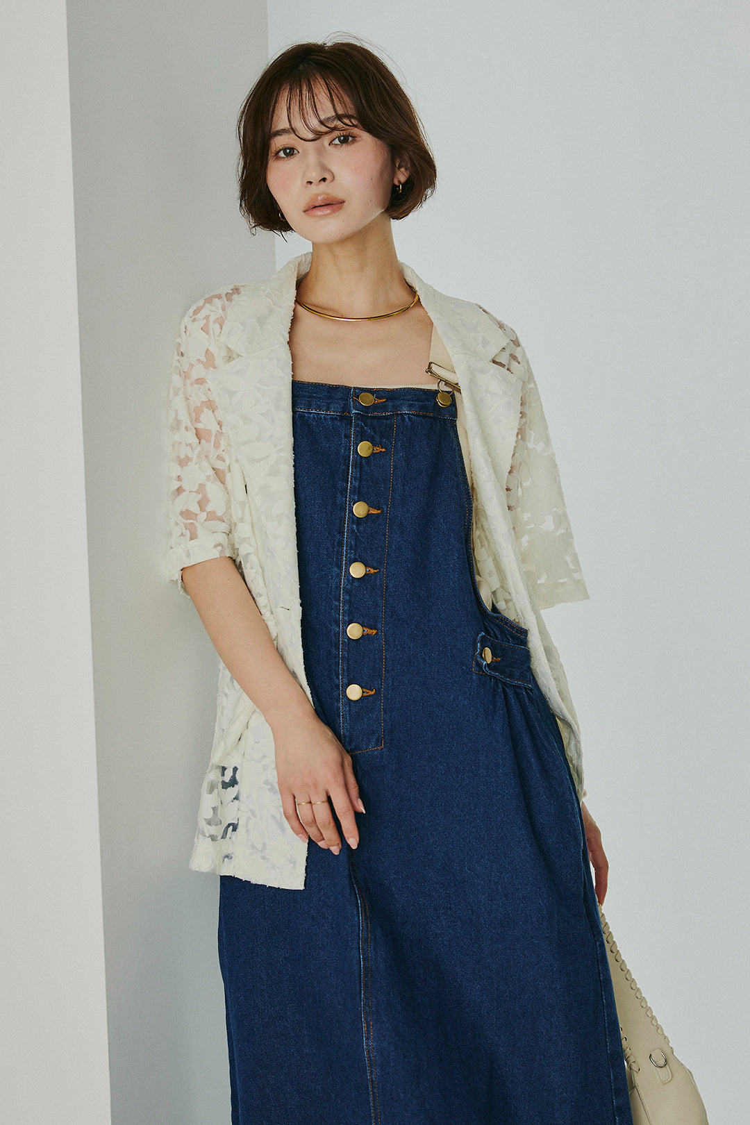 [SET]シアージャガードハーフスリーブテーラードジャケット+配色ショルダーデニムサロペットスカート(2set)