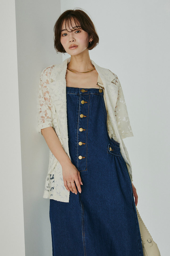 [SET]シアージャガードハーフスリーブテーラードジャケット+配色ショルダーデニムサロペットスカート(2set)