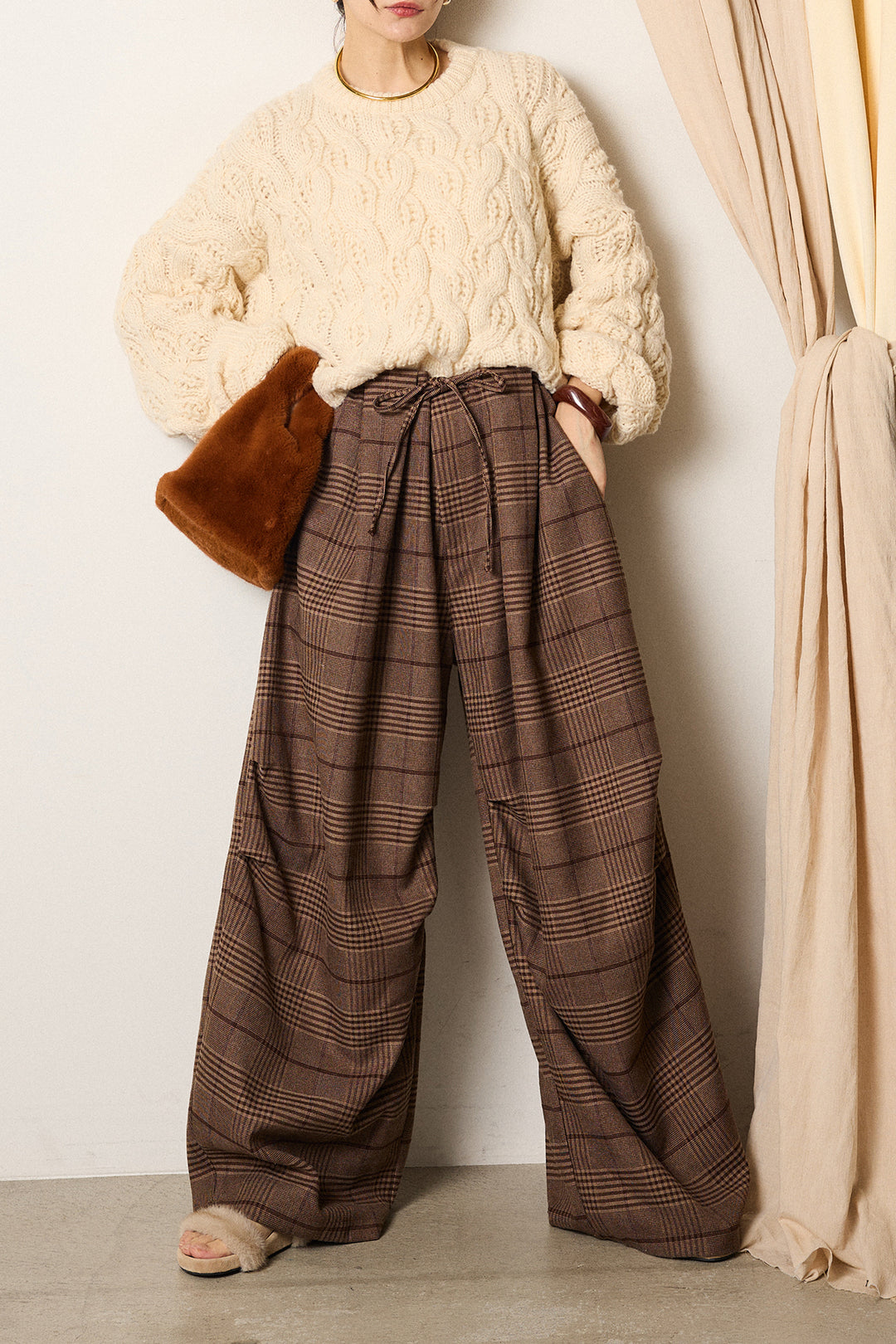 [SET]ケーブルリラックスショートニット+グレンチェックルーズタックパンツ(2set)