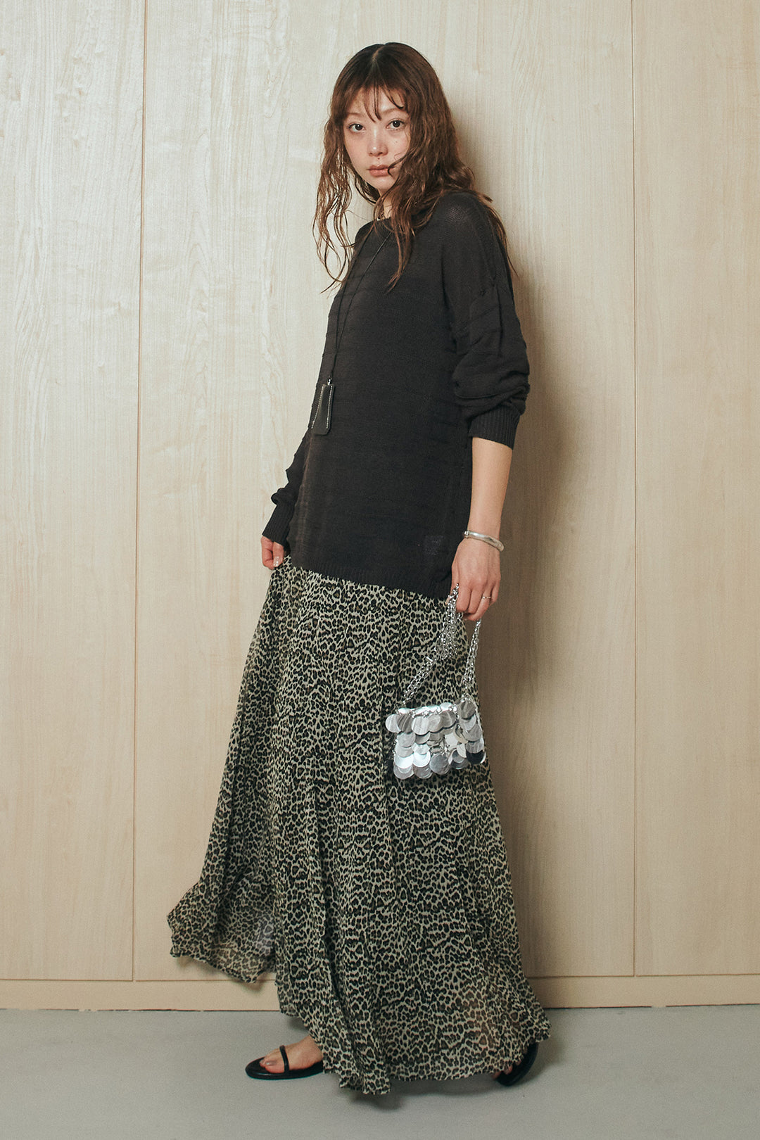[SET]麻混リラックスニットトップス+リラックスレオパードロングスカート(2set)