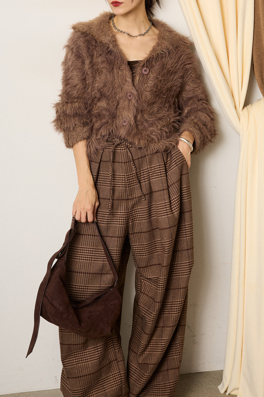 [SET]襟付きシャギーニットカーディガン+グレンチェックルーズタックパンツ(2set)