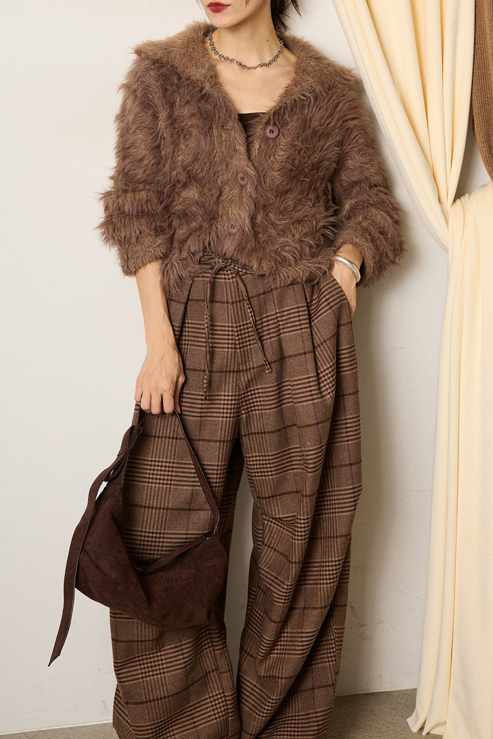 [SET]襟付きシャギーニットカーディガン+グレンチェックルーズタックパンツ(2set)