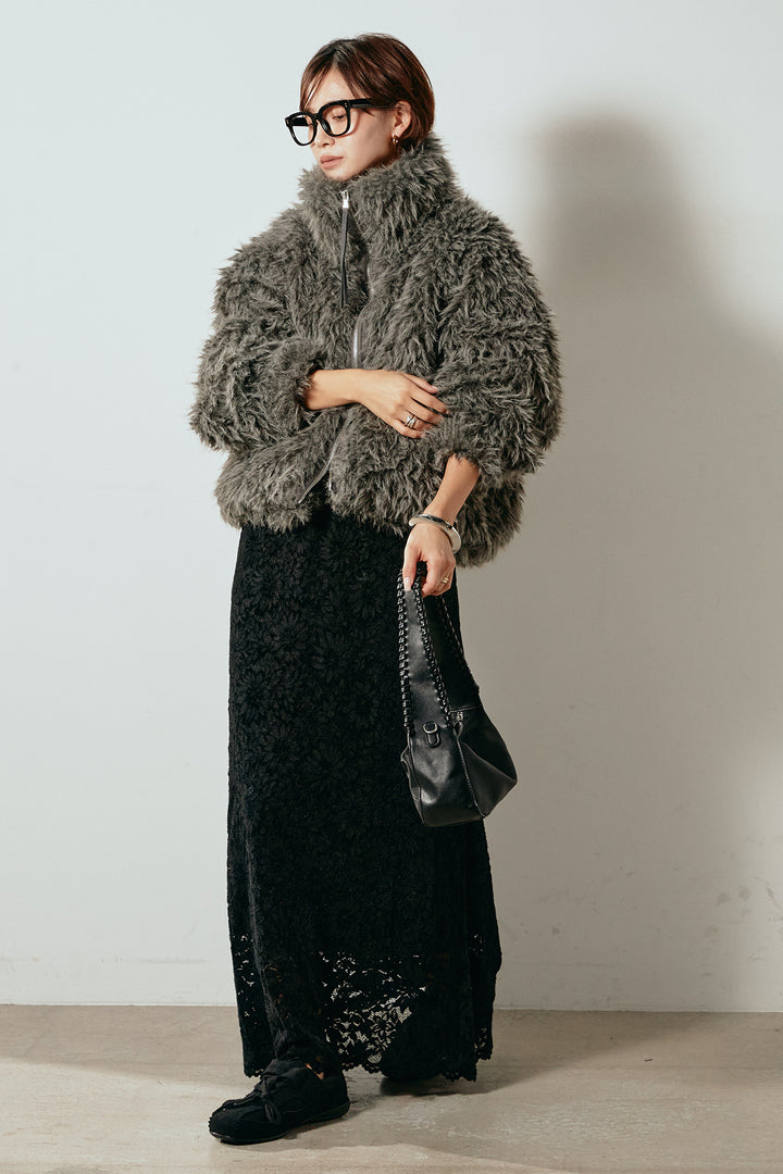 【着回しセット】[SET]ミックスシープファースタンドブルゾン+花柄刺繍ベロアフレアスカート+フェイクウールタックトラウザーズパンツ(3set)