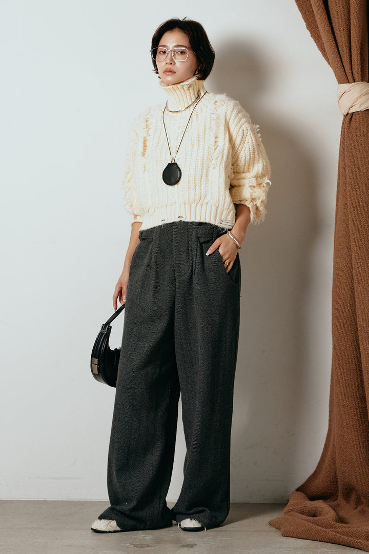 [SET]フリンジタートルショートニット+クラシックヘリンボーンサロペット(2set)