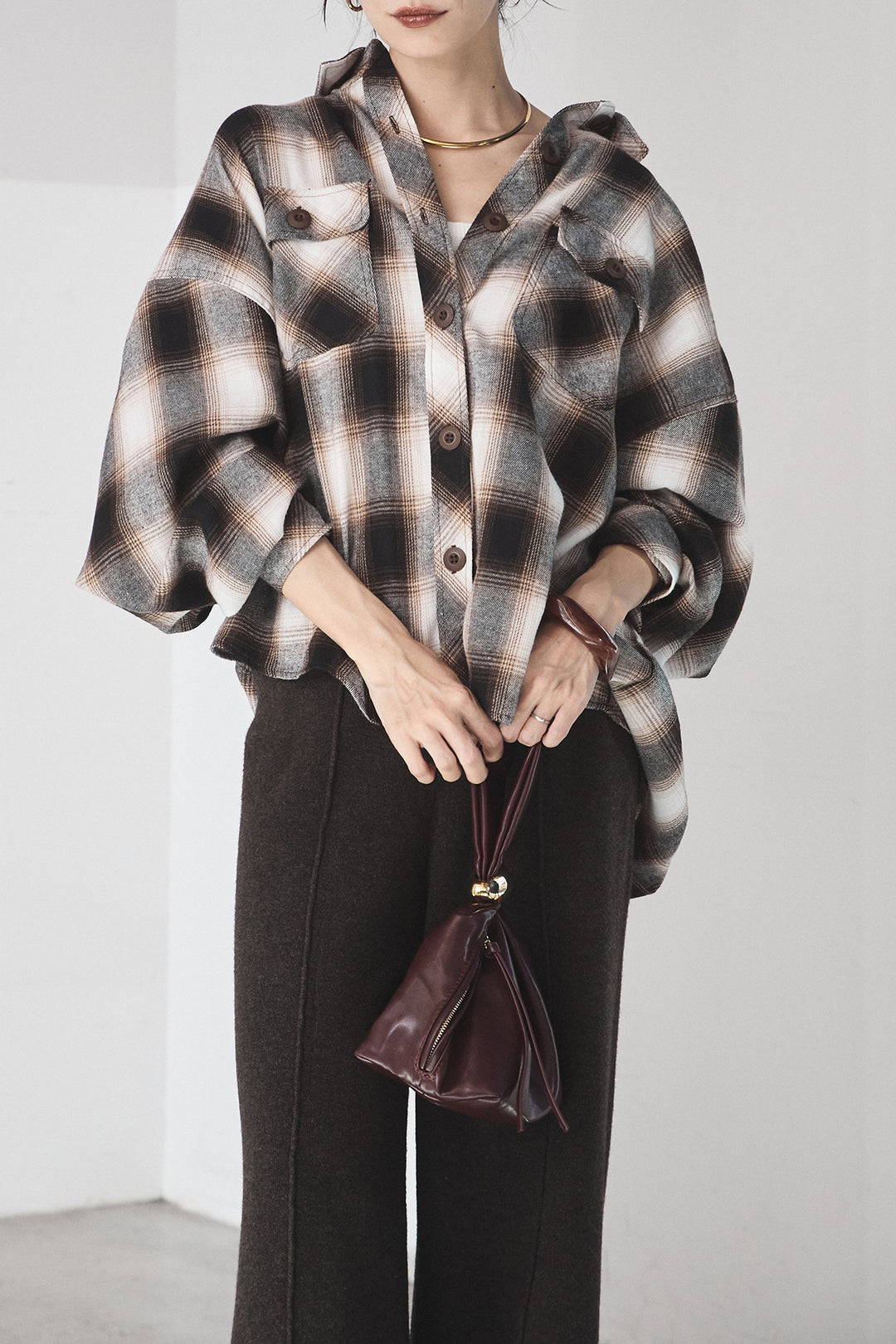 [SET]オンブレーチェックビッグシルエットCPOシャツ+センターラインニットパンツ(2set)