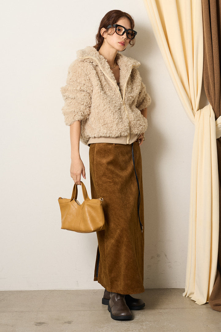[SET]スタンドカラー裾リブボアブルゾン+ロープベルト付きスウェード調スカート(2set)