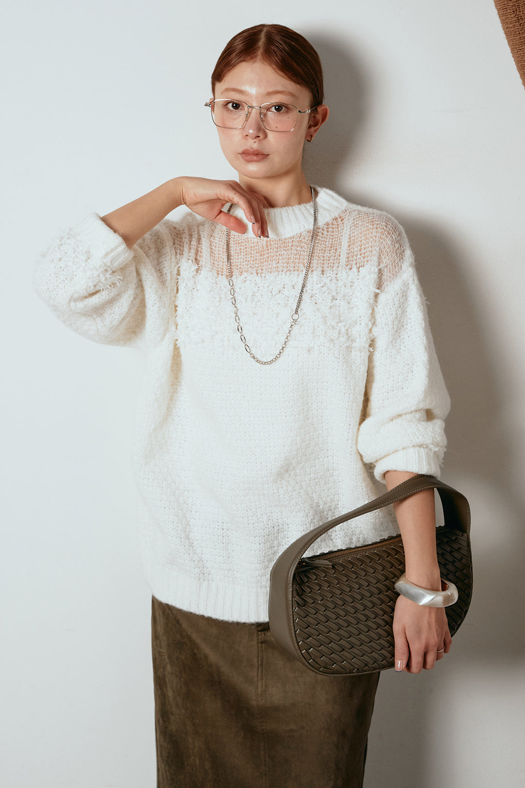 [SET]パターンランダム編みニットトップス+スウェードライク裾フリンジスカート(2set)