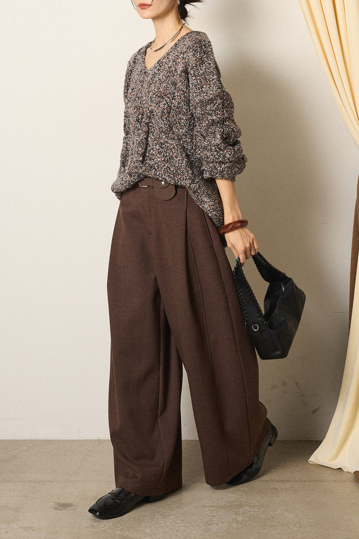 [SET]Vネックミックス編みニットトップス+ポーチベルト付きカーブパンツ(2set)