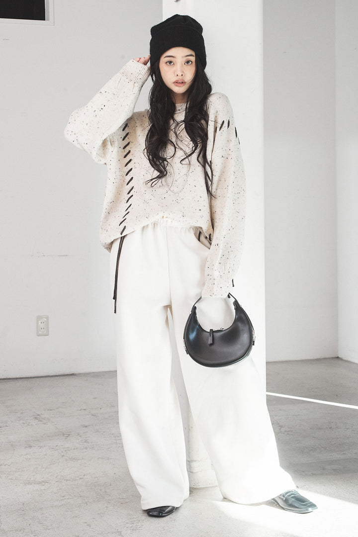 [SET]ネップ編み上げニットトップス+裏起毛スウェットワイドパンツ(2set)