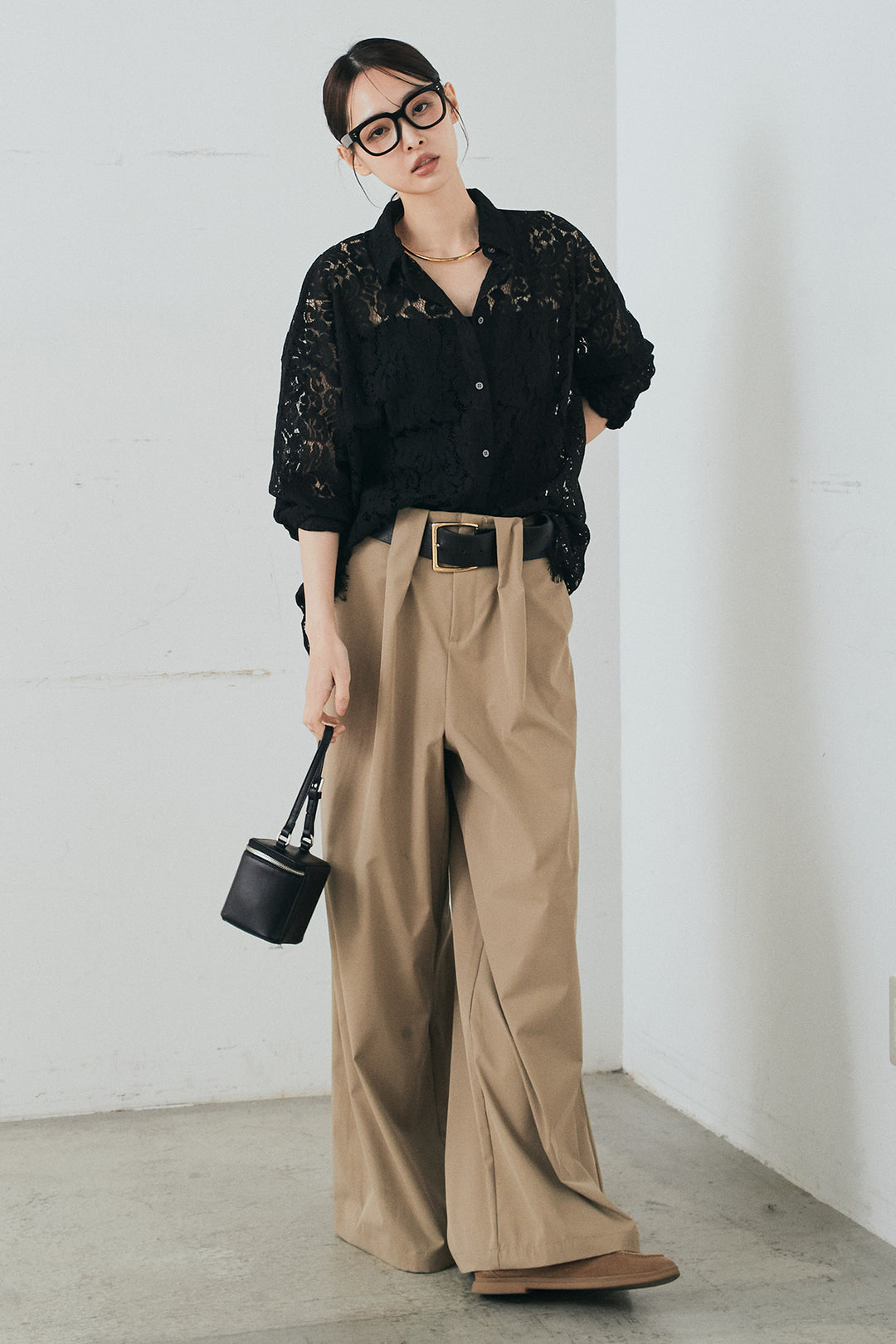 [SET]レース裾スカラップシャツ+ベルトループデザインハイウエストタックパンツ(2set)