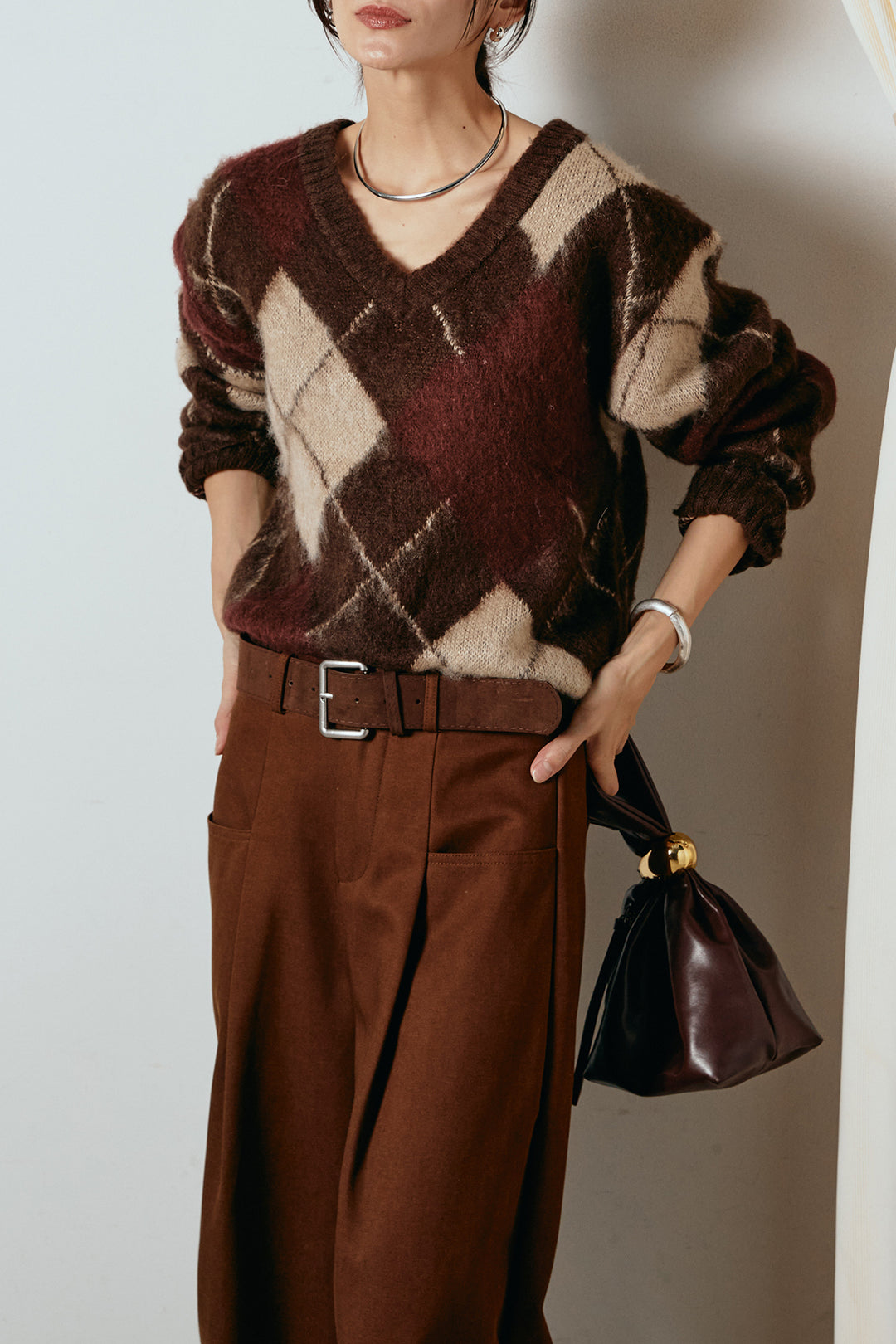 [SET]アクリルモヘアアーガイルVネックプルオーバー+太ベルト付きタックデザインワイドパンツ(2set)
