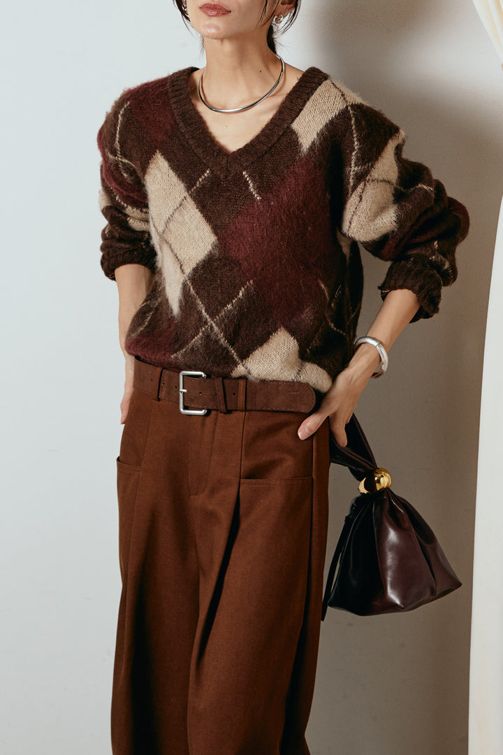 [SET]アクリルモヘアアーガイルVネックプルオーバー+太ベルト付きタックデザインワイドパンツ(2set)