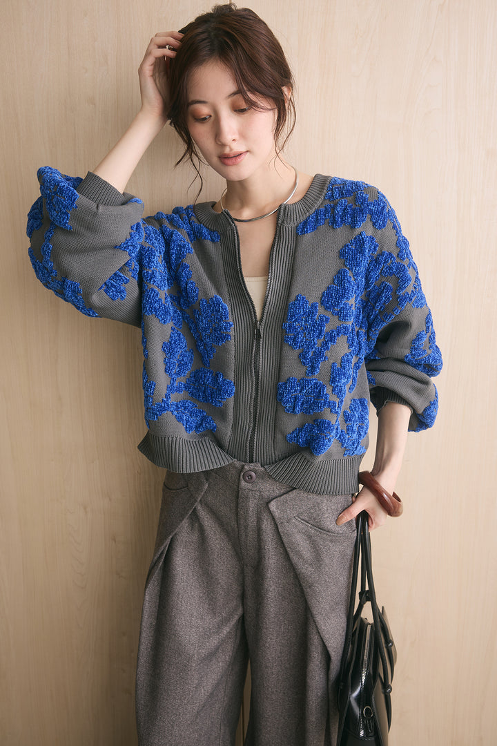 [SET]フラワーモールジャガードカーディガン+サイドデザインタックワイドパンツ(2set)