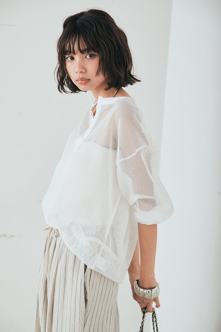 [SET]メッシュカットソースキッパープルオーバー+リネンライクストライプタックイージーパンツ(2set)