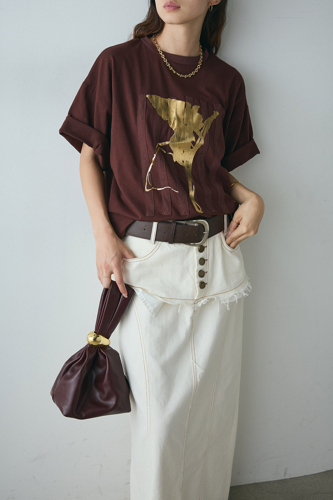 [SET]ニュアンス箔プリントTシャツ+レイヤードデザインワイドスカート(2set)
