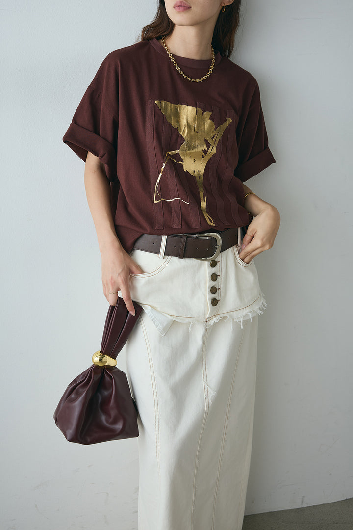 [SET]ニュアンス箔プリントTシャツ+レイヤードデザインワイドスカート(2set)