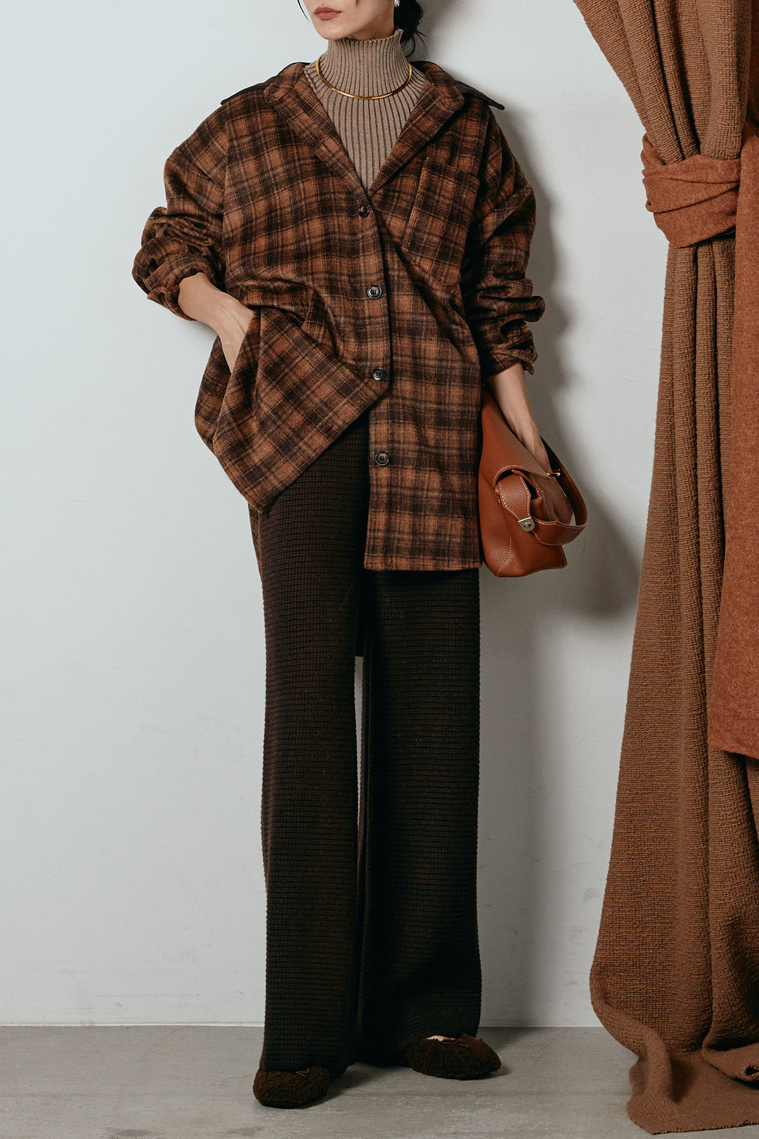 [SET]シャギーチェックシャツジャケット+ワイドリブニットイージーパンツ(2set)