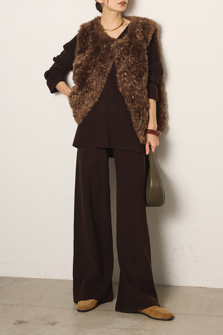 [SET]リラックスワッフルニットSETUP+ノーカラーエコファーベスト(2set)