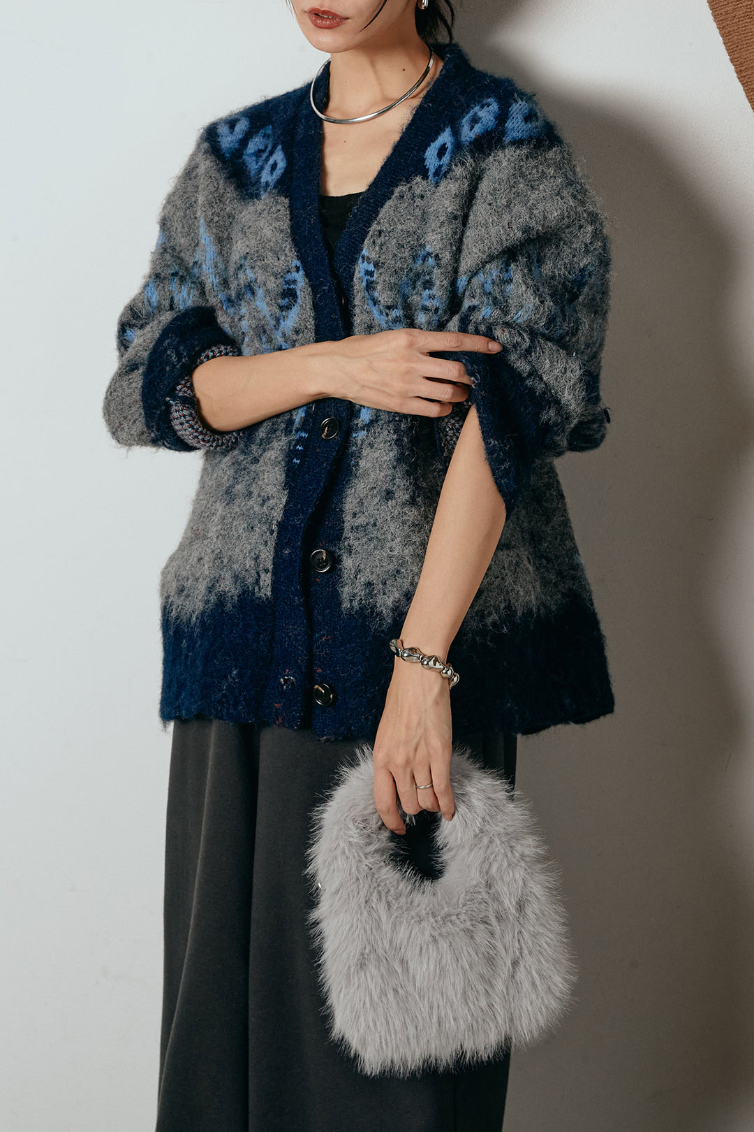 [SET]シャギーニュアンス柄ニットカーディガン+裏起毛スウェットワイドパンツ(2set)