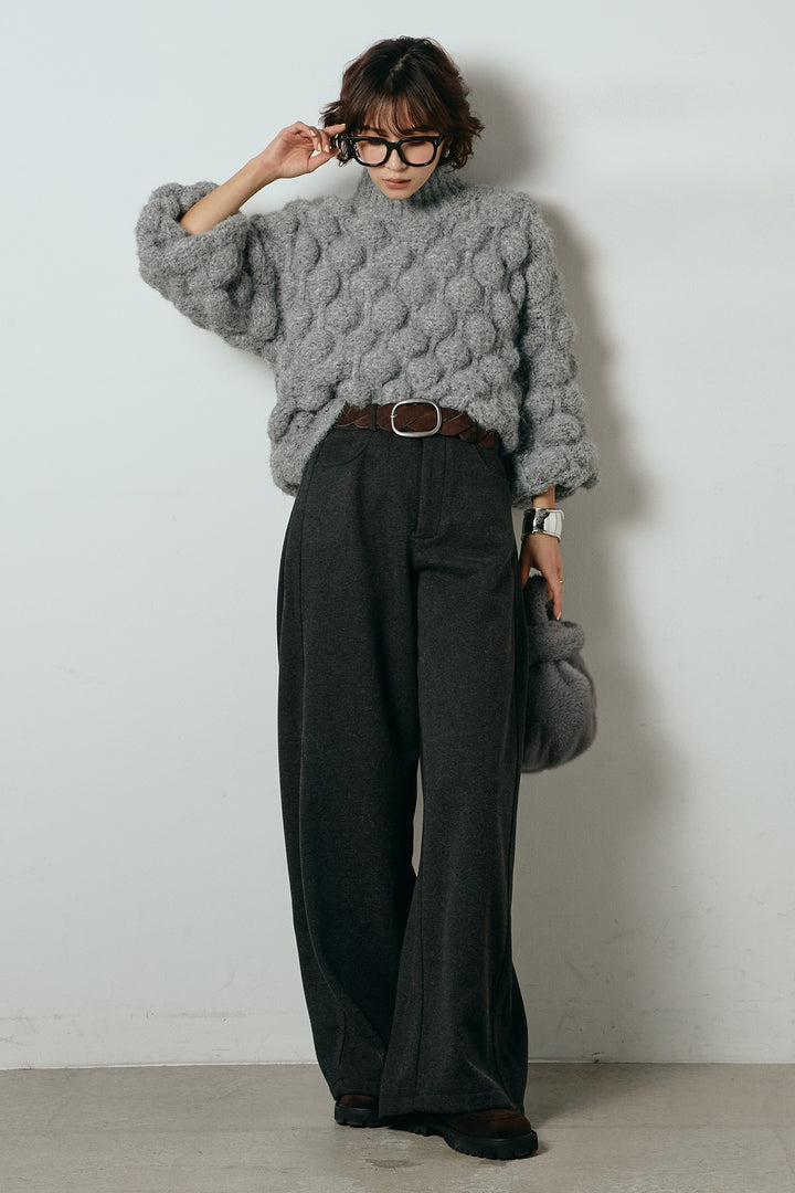 [SET]ボリュームポップコーンニットトップス+編みベルト付きワイドパンツ(2set)