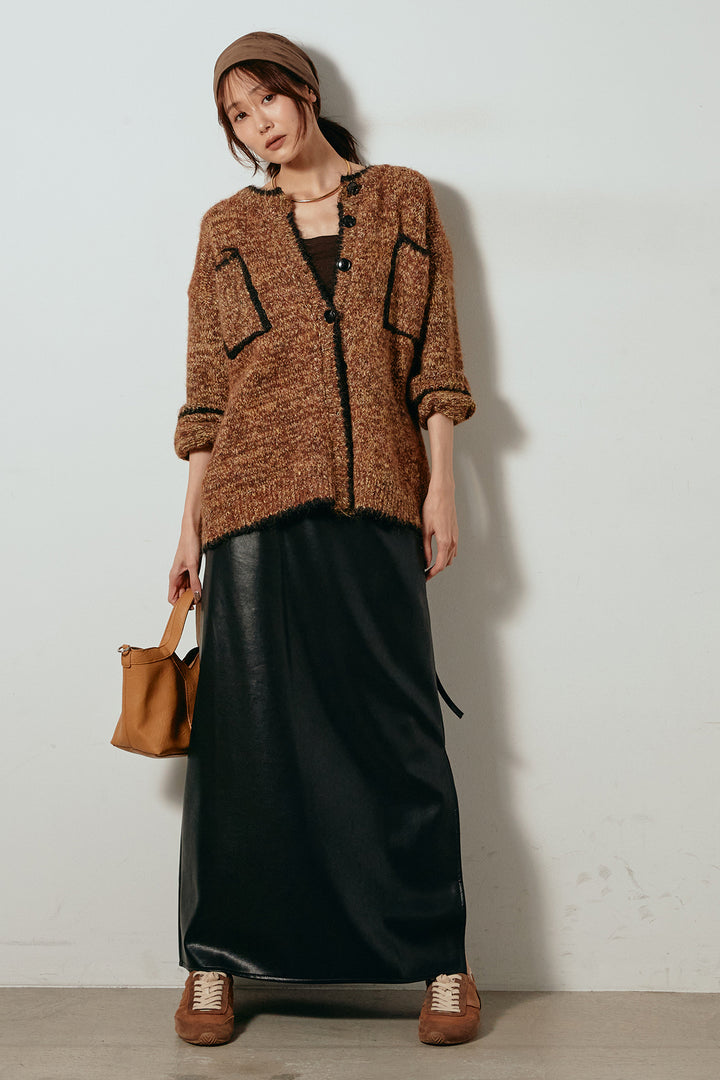 [SET]ミックスニットポケットカーディガン+紐付きフェイクレザーワイドスカート(2set)