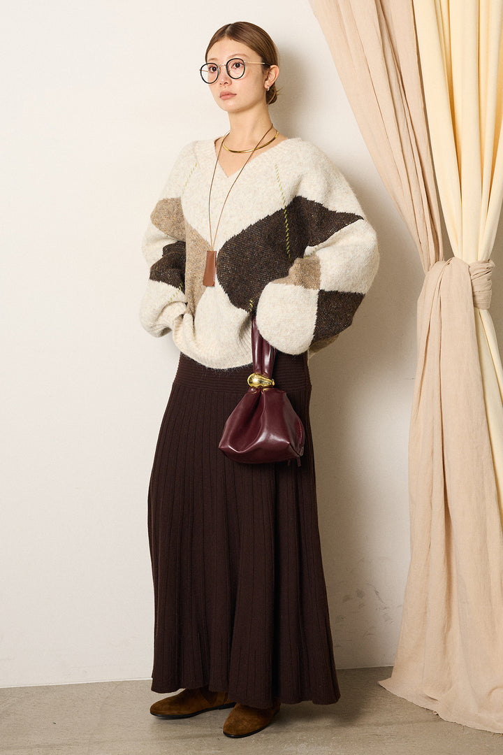 [SET]ルーズアーガイルVネックニット+編み地切り替えフレアニットスカート(2set)