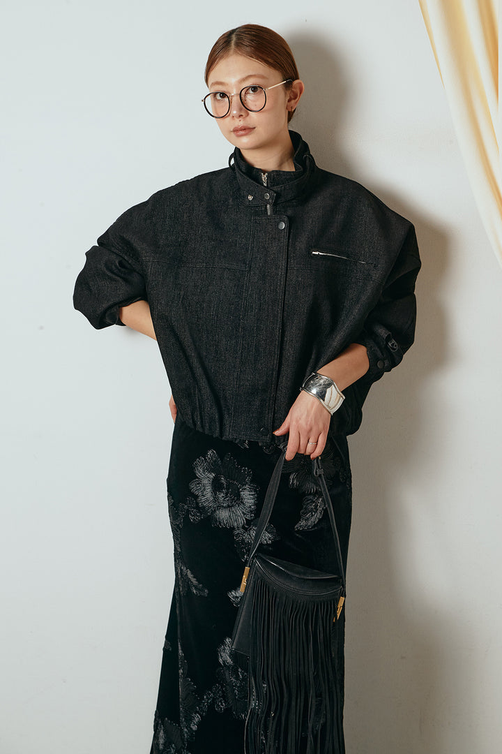 [SET]デニム調ハイネックブルゾン+フラワー刺繍ワイドスカート(2set)