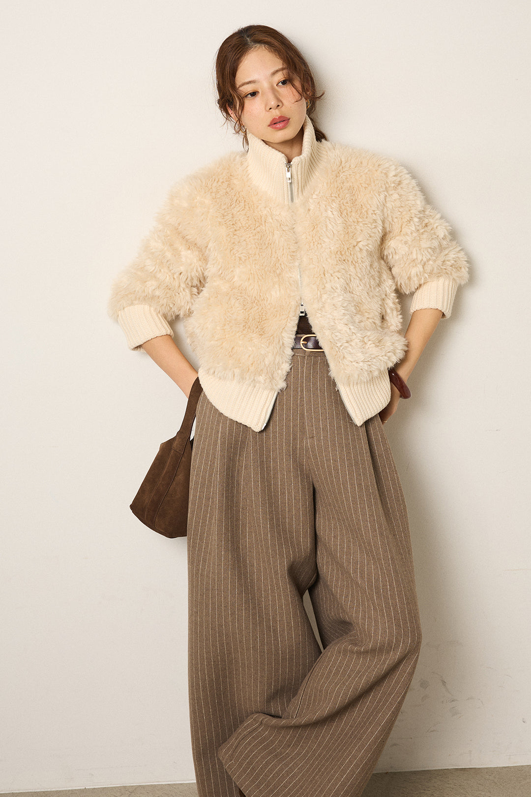 [SET]ハイネックボアブルゾン+ウールライクストライプパンツ(2set)