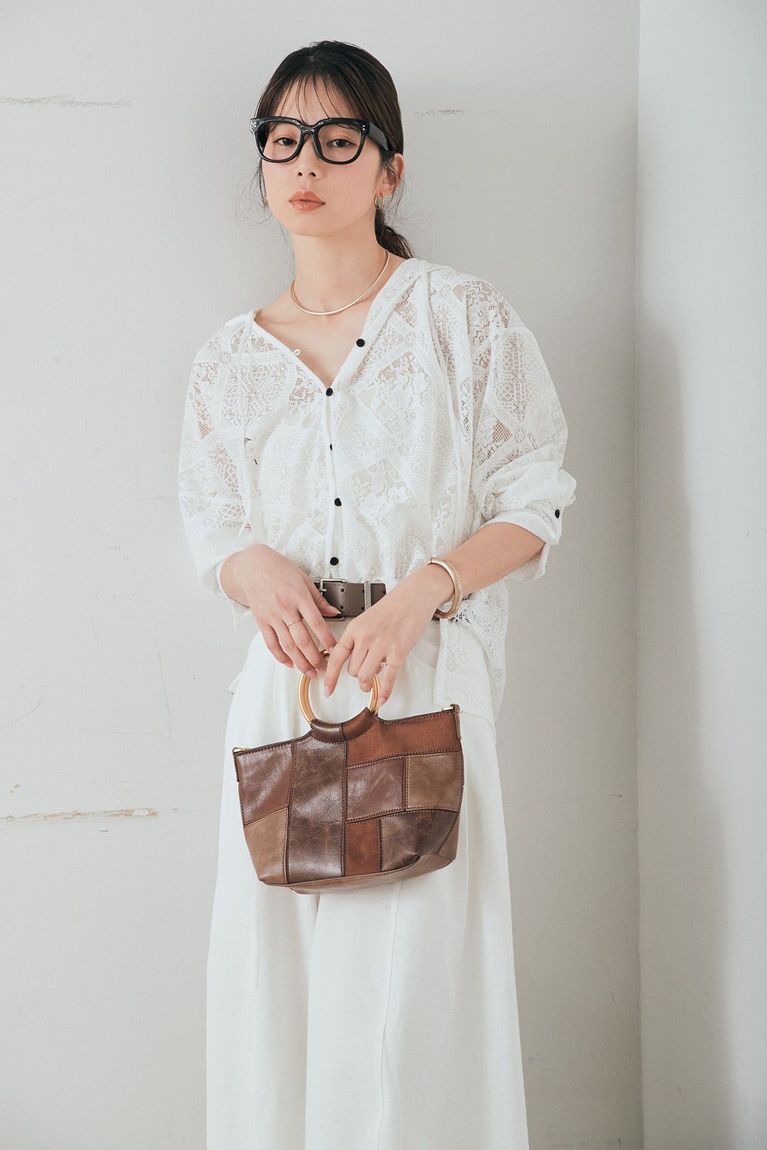 [SET]ブロックレースフード付きブラウス+ベルト付きサイドタックワイドパンツ(2set)