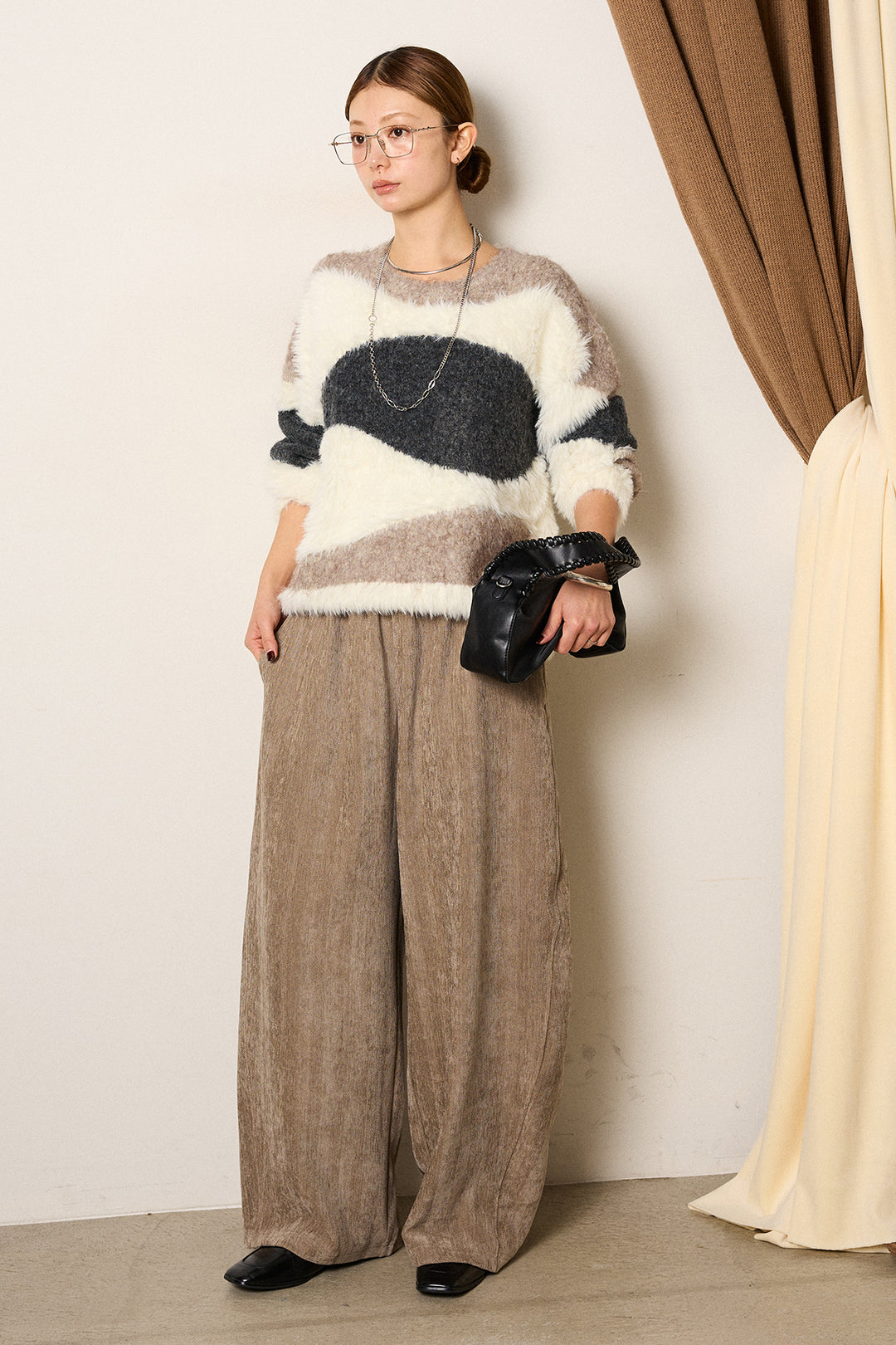 [SET]シャギーウェーブ柄クルーネックニットトップス+かすれデザインワイドパンツ(2set)