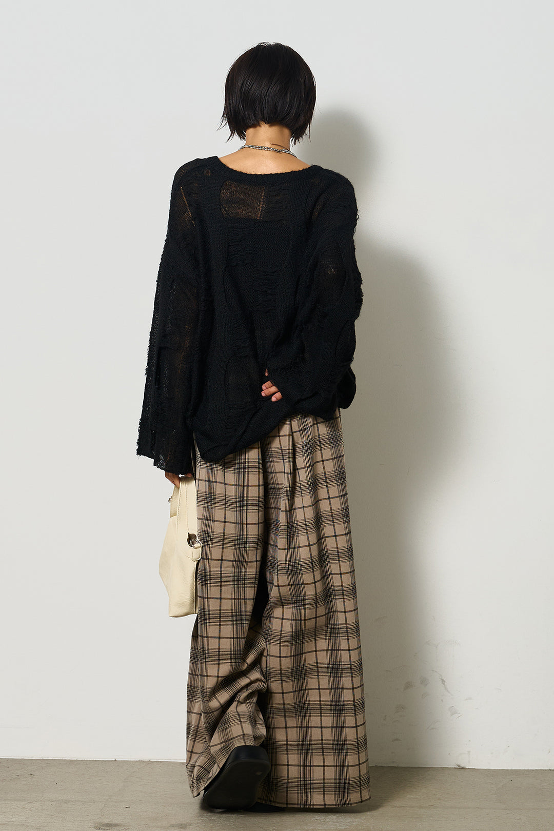 [SET]パターンモヘアローゲージニットプルオーバー+タータンワイドチェックパンツ(2set)