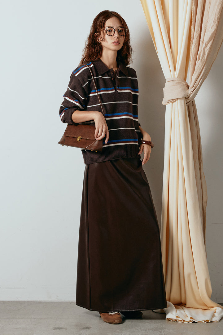 [SET]襟付きマルチボーダーニットポロトップス+紐付きフェイクレザーワイドスカート(2set)