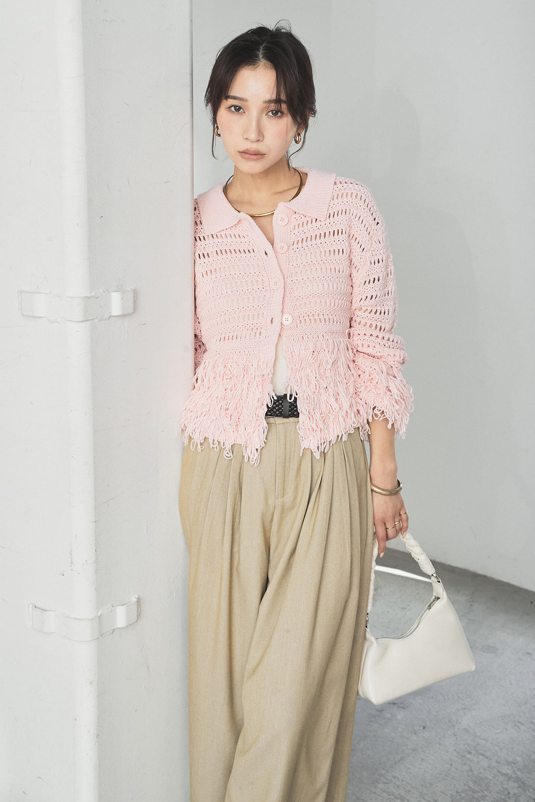 [SET]メッシュフリンジカーディガン+編みベルト付きウエストタックワイドパンツ(2set)
