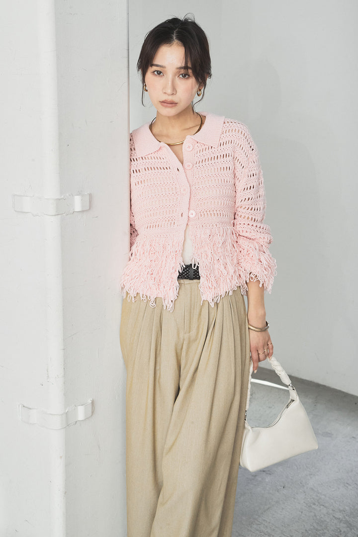 [SET]メッシュフリンジカーディガン+編みベルト付きウエストタックワイドパンツ(2set)