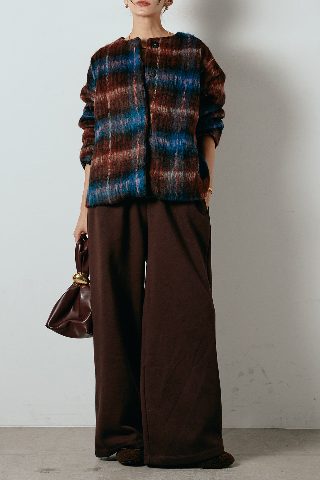 [SET]ノーカラーシャギーチェックアウター+裏起毛スウェットワイドパンツ(2set)