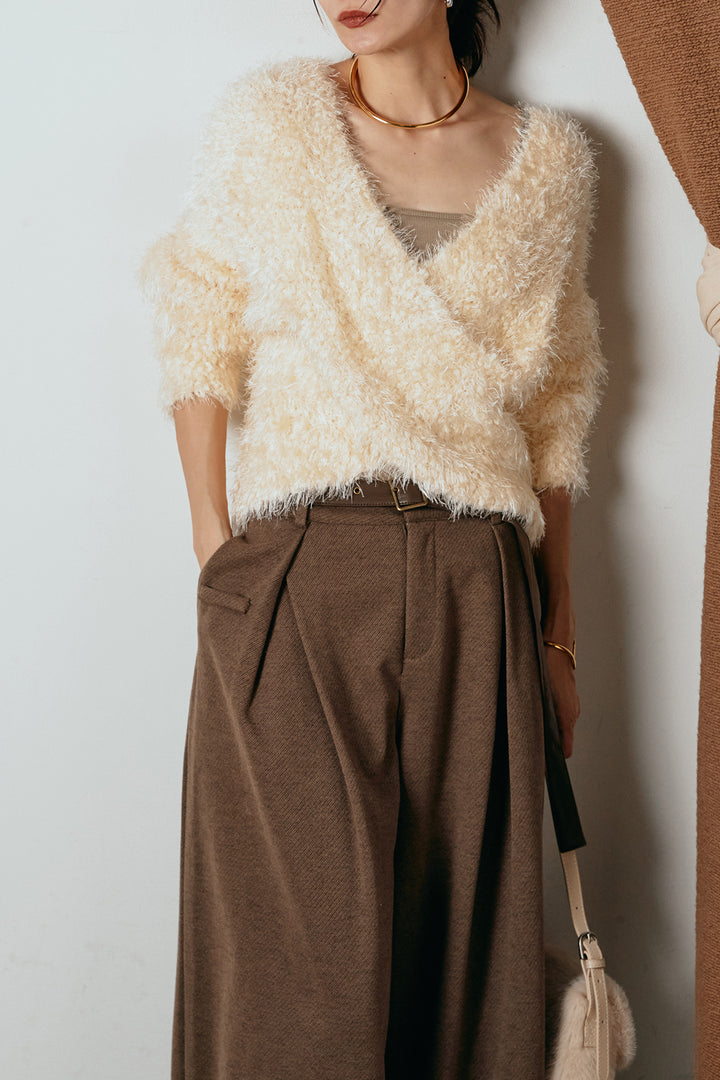 [SET]シャギークロスニットトップス+細ベルト付き起毛タックワイドパンツ(2set)