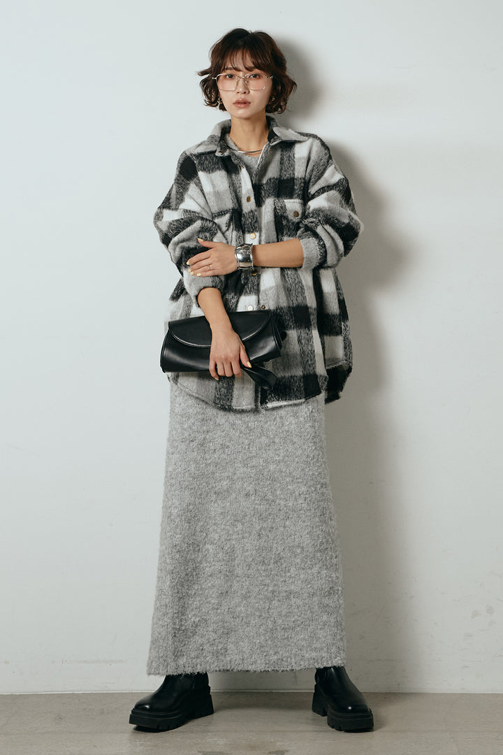[SET]起毛チェック柄ポケットアウター+起毛ノースリーブニットロングワンピース(2set)