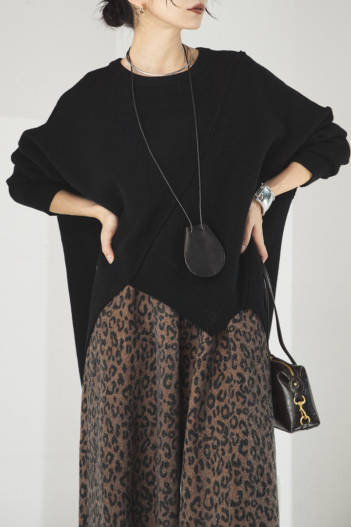 [SET]アシンメトリーデザインニットトップス+リラックスレオパード柄ワイドパンツ(2set)