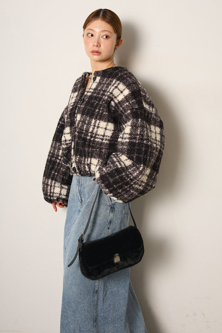 [SET]ノーカラーチェック柄ボアブルゾン+デニムロングフレアスカート(2set)