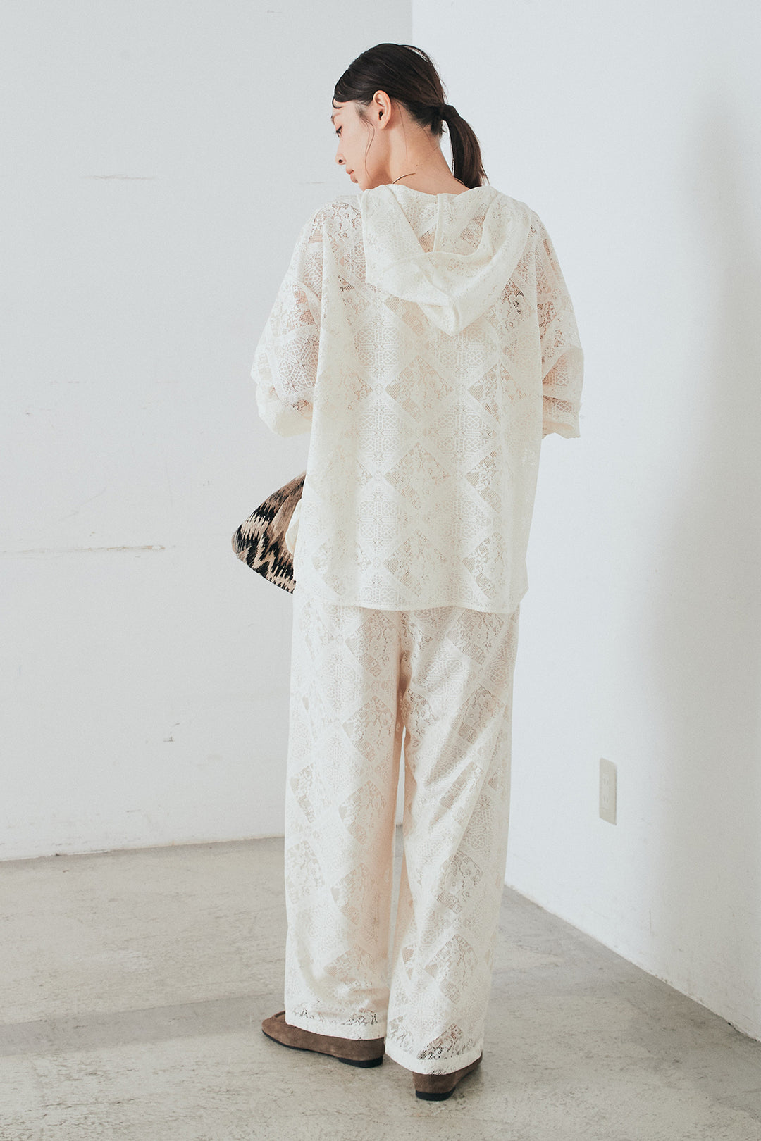 [SET]ブロックレースフード付きブラウス+リラックスブロックレースワイドパンツ(2set)