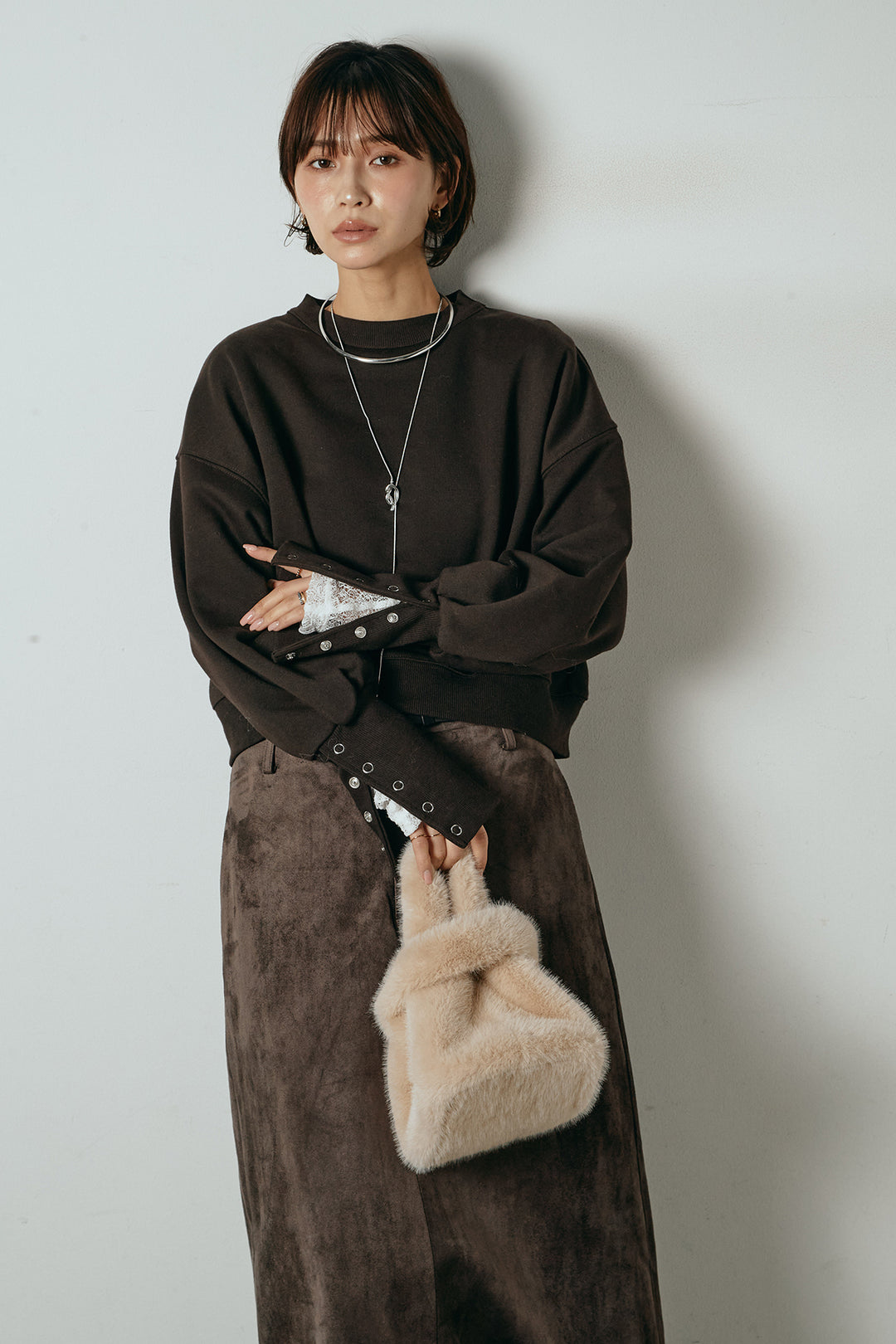 [SET]裏毛バックオープンプルオーバー+エコスウェードワイドスカート(2set)