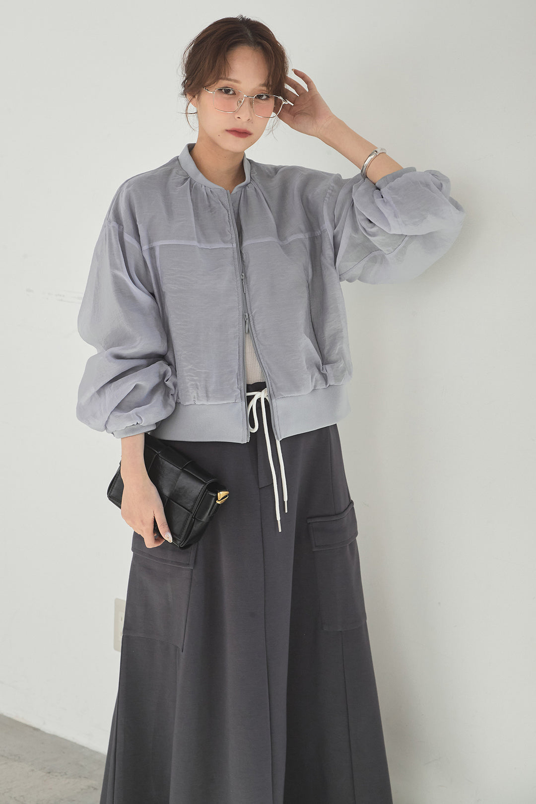 [SET]シアー×ポンチブルゾン+リラックススウェットスカート(2set)
