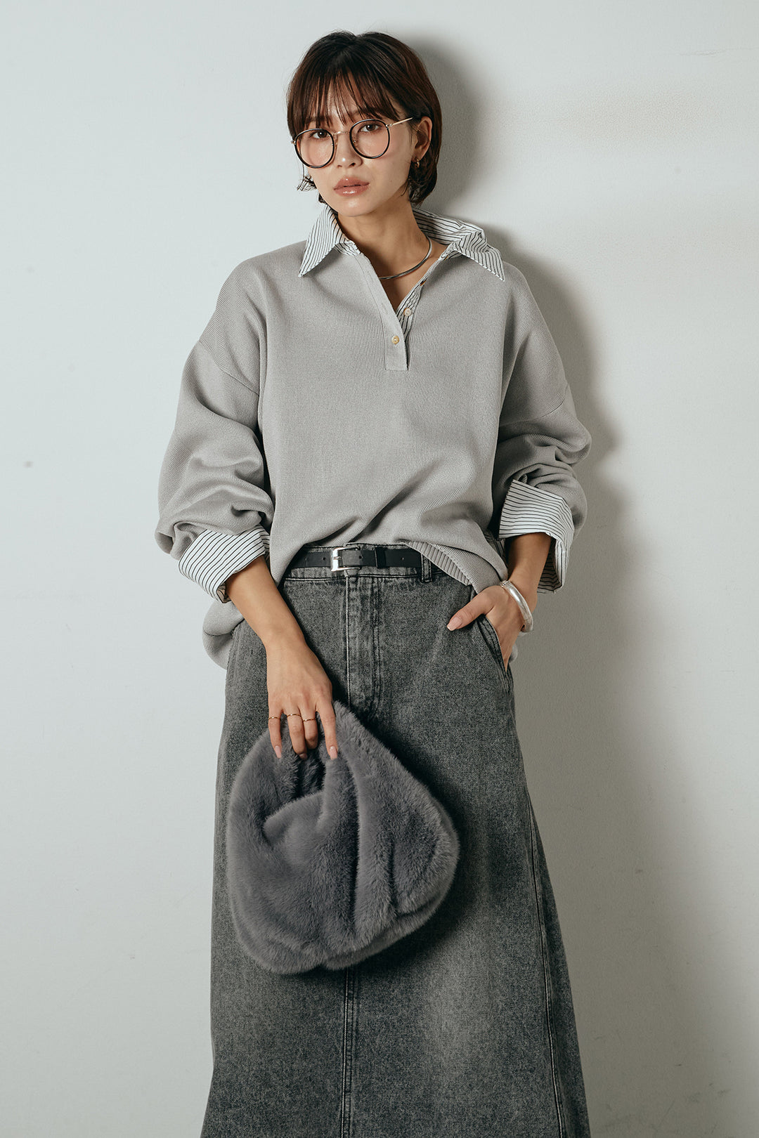 [SET]ストライプシャツドッキングポロトップス+デニムロングフレアスカート(2set)