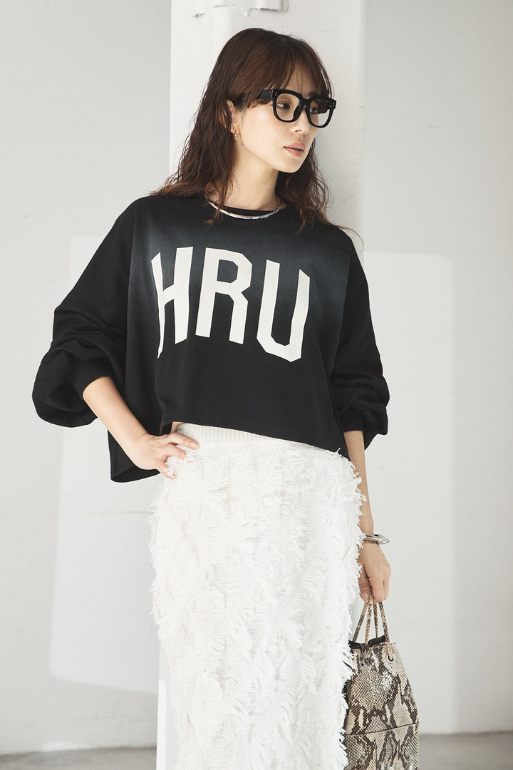 [SET]ビッグロゴHRU袖ボリュームトップス+カットフリンジニットタイトスカート(2set)