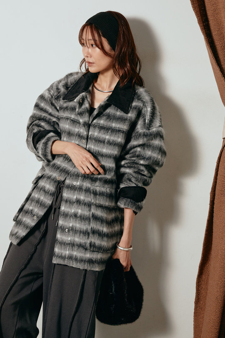 [SET]チェックシャギーミドルカバーオール+フロントラインデザインワイドスウェットパンツ(2set)