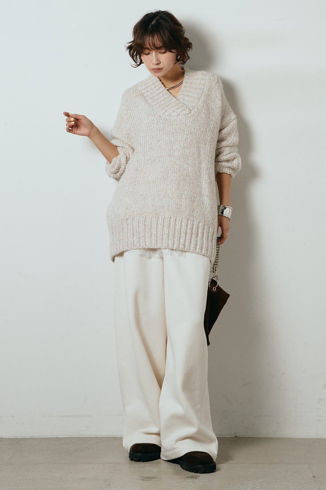 [SET]Vネックラメニットトップス+裏起毛スウェットワイドパンツ(2set)