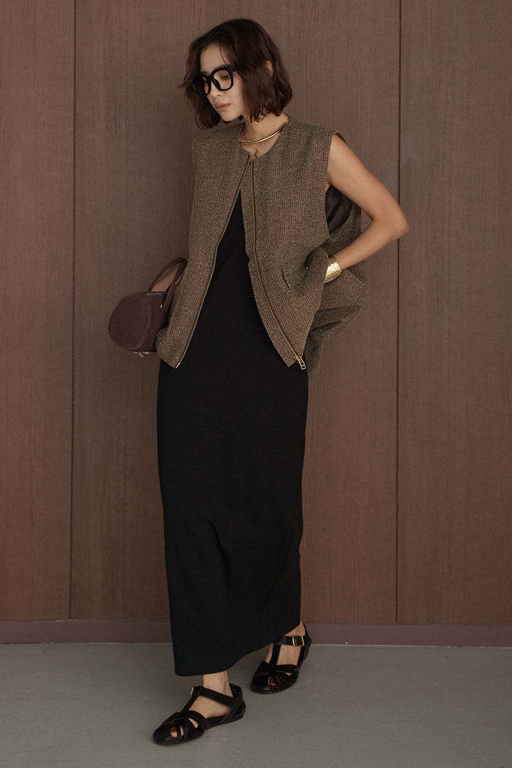 [SET]ネップ入りツイードバルーンベスト+フライスカップ付きキャミワンピース(2set)